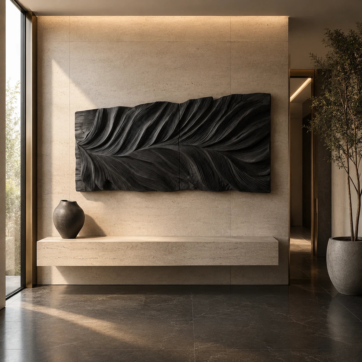 Broad sculpted channels turn this wall sculpture into a refined statement for the room