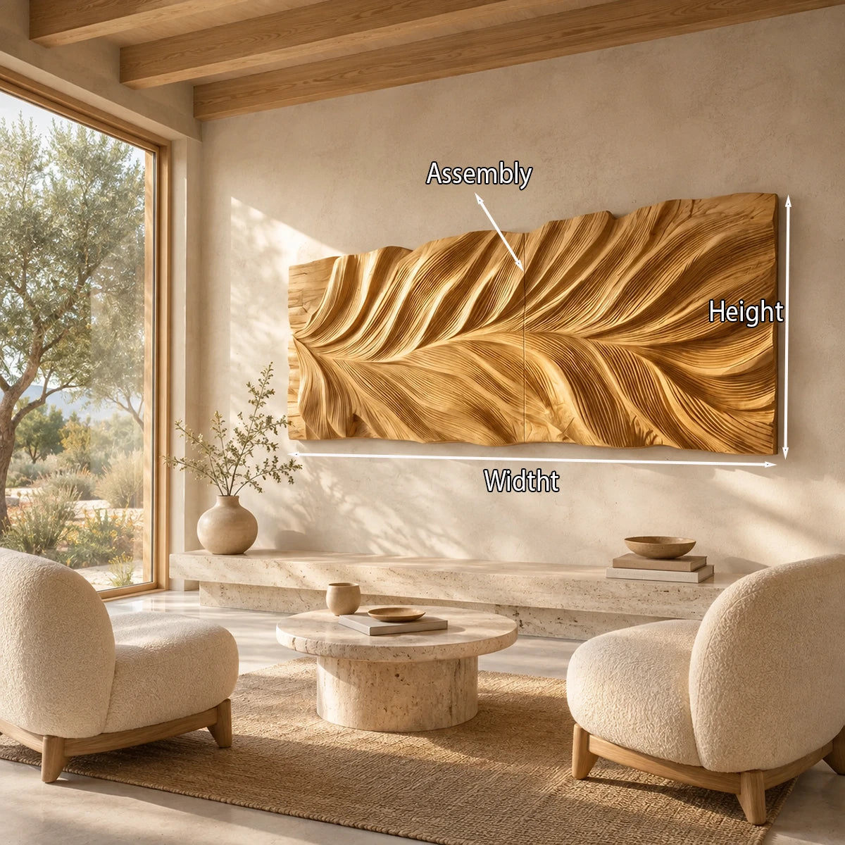 Textured wall art with layered relief forms enhances a spacious contemporary living area