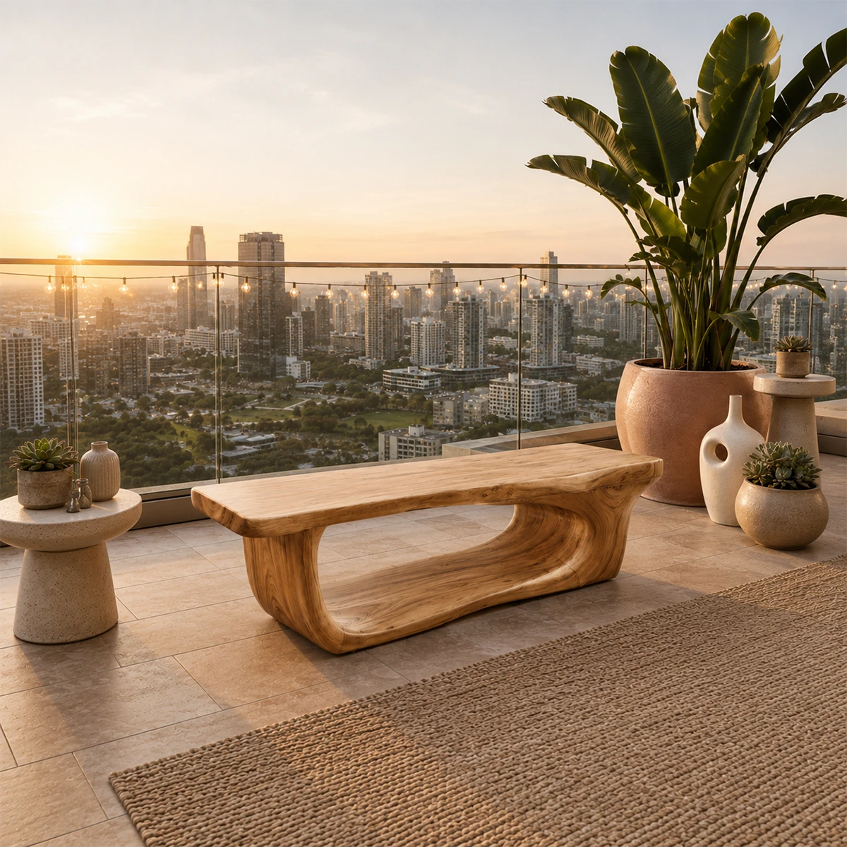Organic modern bench features visible grain and a sweeping base for patio seating