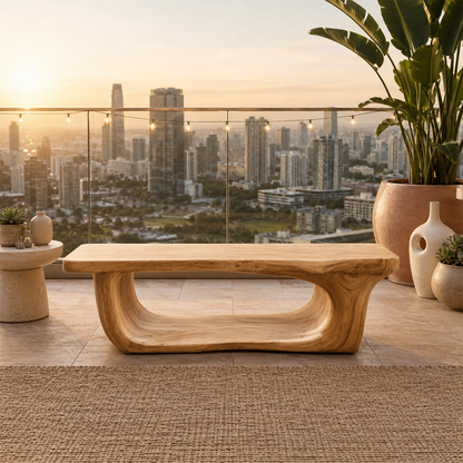 Designer balcony bench adds sculptural form and natural texture to an urban terrace