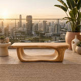 Designer balcony bench adds sculptural form and natural texture to an urban terrace