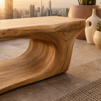 Handcrafted statement bench brings curved architecture to a refined rooftop lounge
