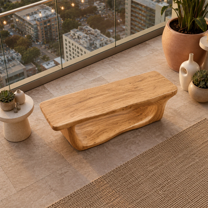 Modern patio bench pairs an open sculpted base with a thick live edge inspired seat