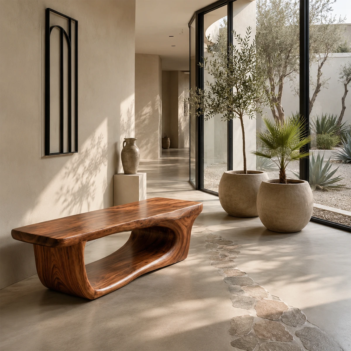 Luxury terrace bench showcases flowing wood grain and a bold asymmetrical silhouette