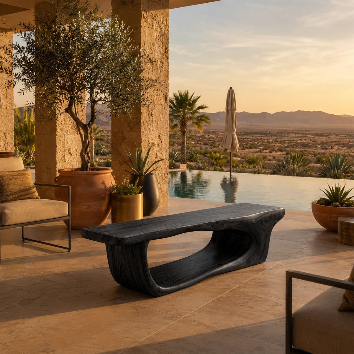 Contemporary garden bench combines organic curves with a clean architectural profile
