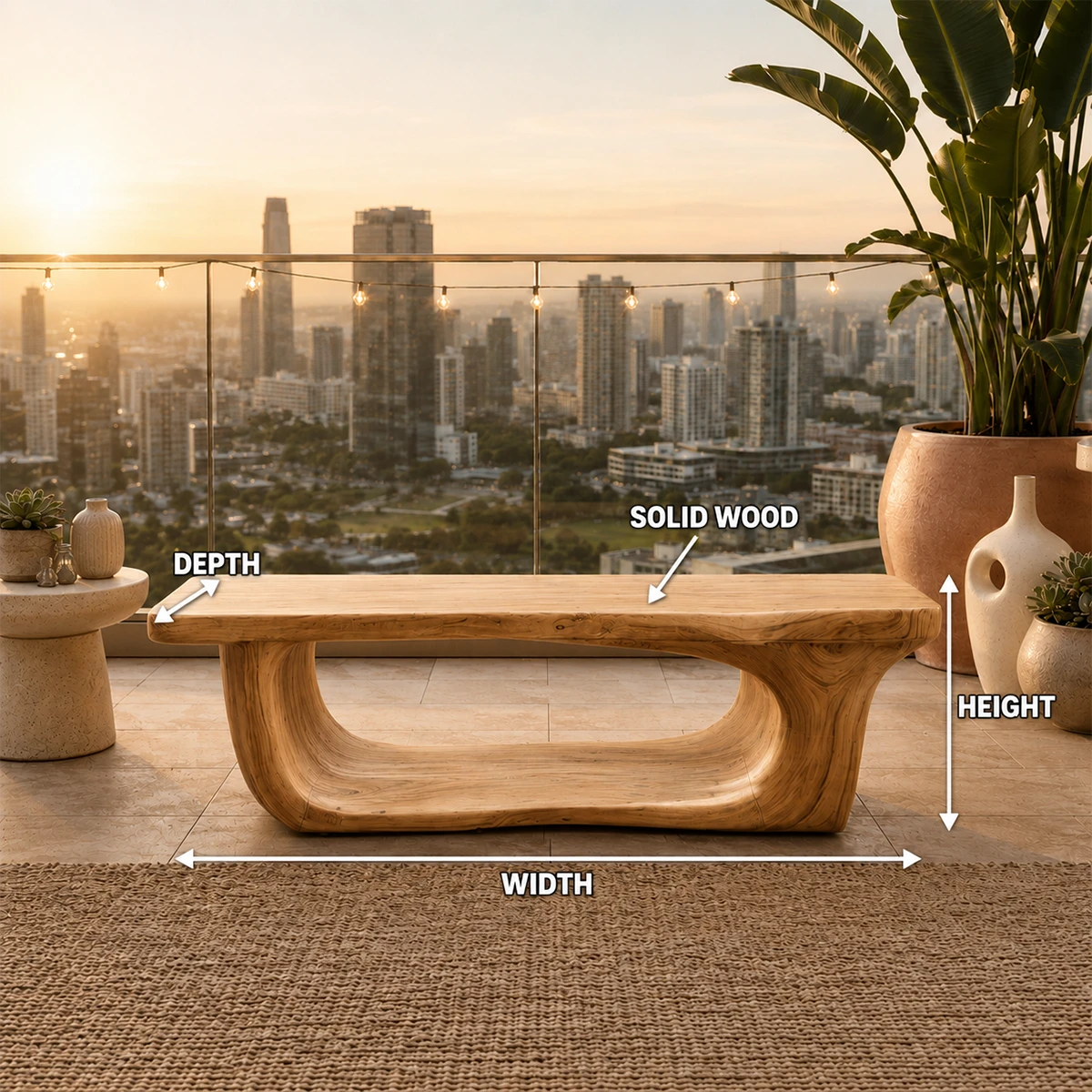 Unique entryway bench presents sculpted supports and a broad seat in warm natural light