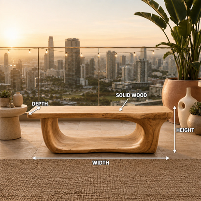 Unique entryway bench presents sculpted supports and a broad seat in warm natural light