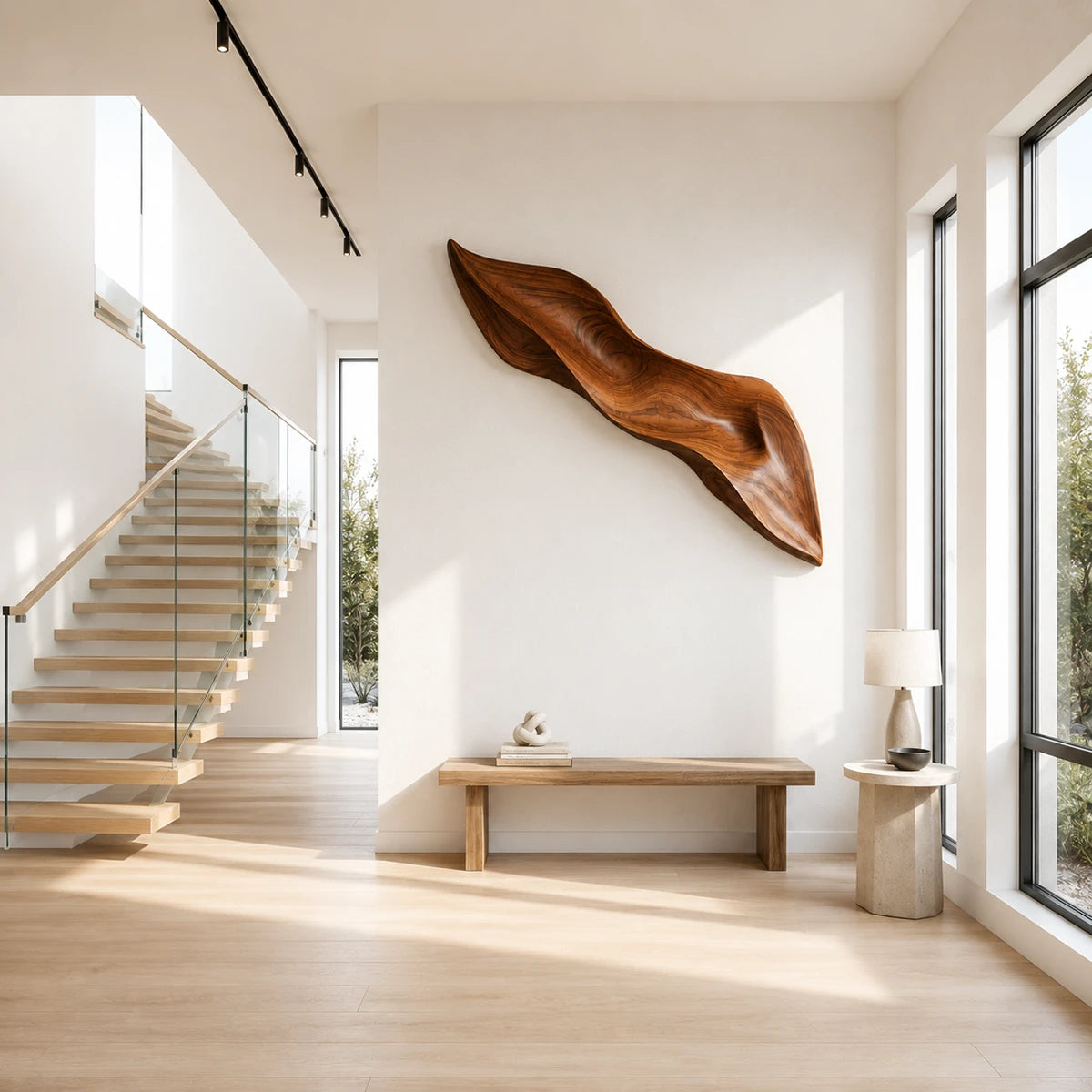 Mounted above a bench, this carved wall sculpture adds movement to a bright entry space