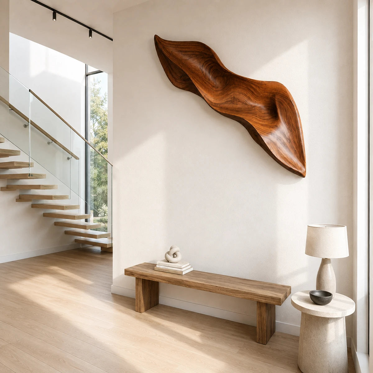 A long abstract wall art piece with sweeping curves brings depth to contemporary interiors