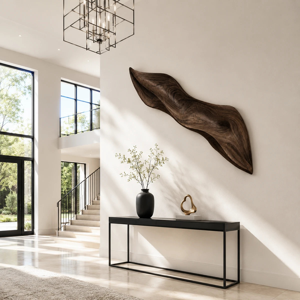 Carved wall art with smooth sweeping lines introduces artistic depth to minimalist rooms