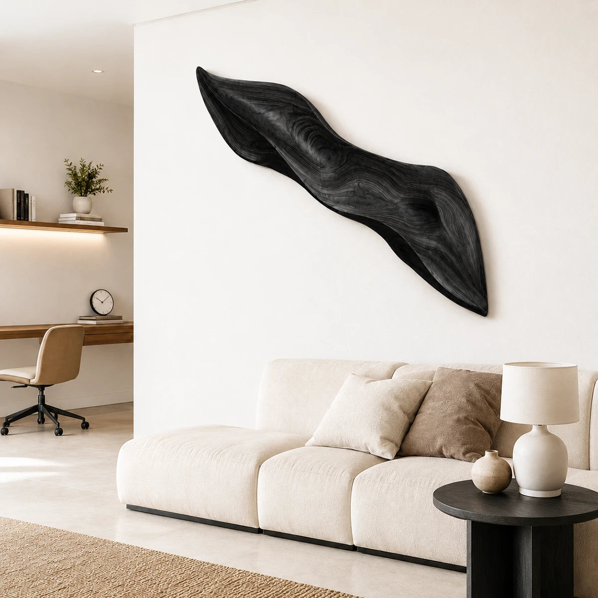 Large modern wall art with fluid curves creates a distinctive feature on a tall wall