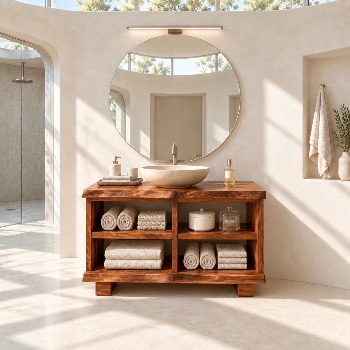 Structured bath console in natural solid wood with divided shelves and sturdy block feet