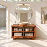Structured bath console in natural solid wood with divided shelves and sturdy block feet