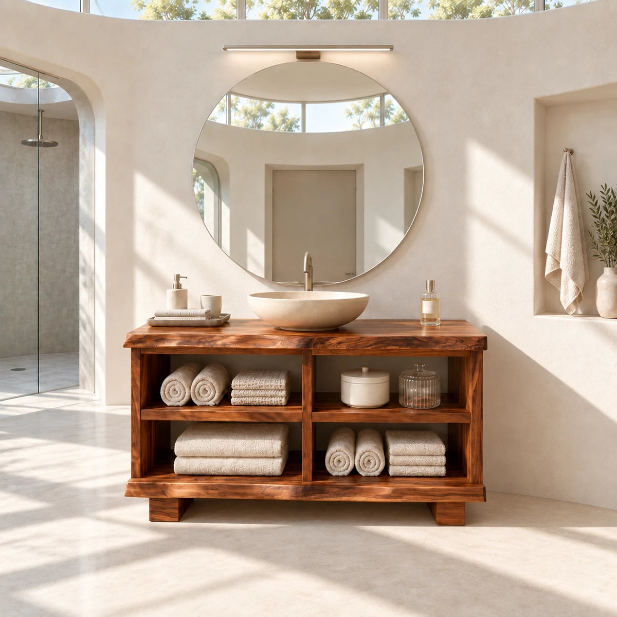 Bathroom organizer vanity in natural solid wood with open front storage and broad shelves