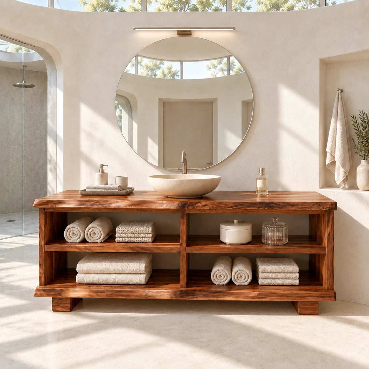 Natural solid wood vanity cabinet with four shelf sections for linens and bathroom decor