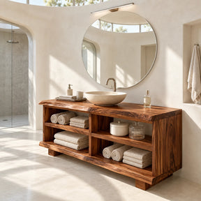 Freestanding bathroom vanity in natural solid wood with four open shelves and low feet