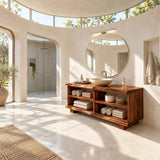 Open storage bath vanity in natural solid wood with four balanced linen compartments
