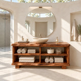 Natural solid wood bathroom console with twin shelf bays for towels and bath accessories