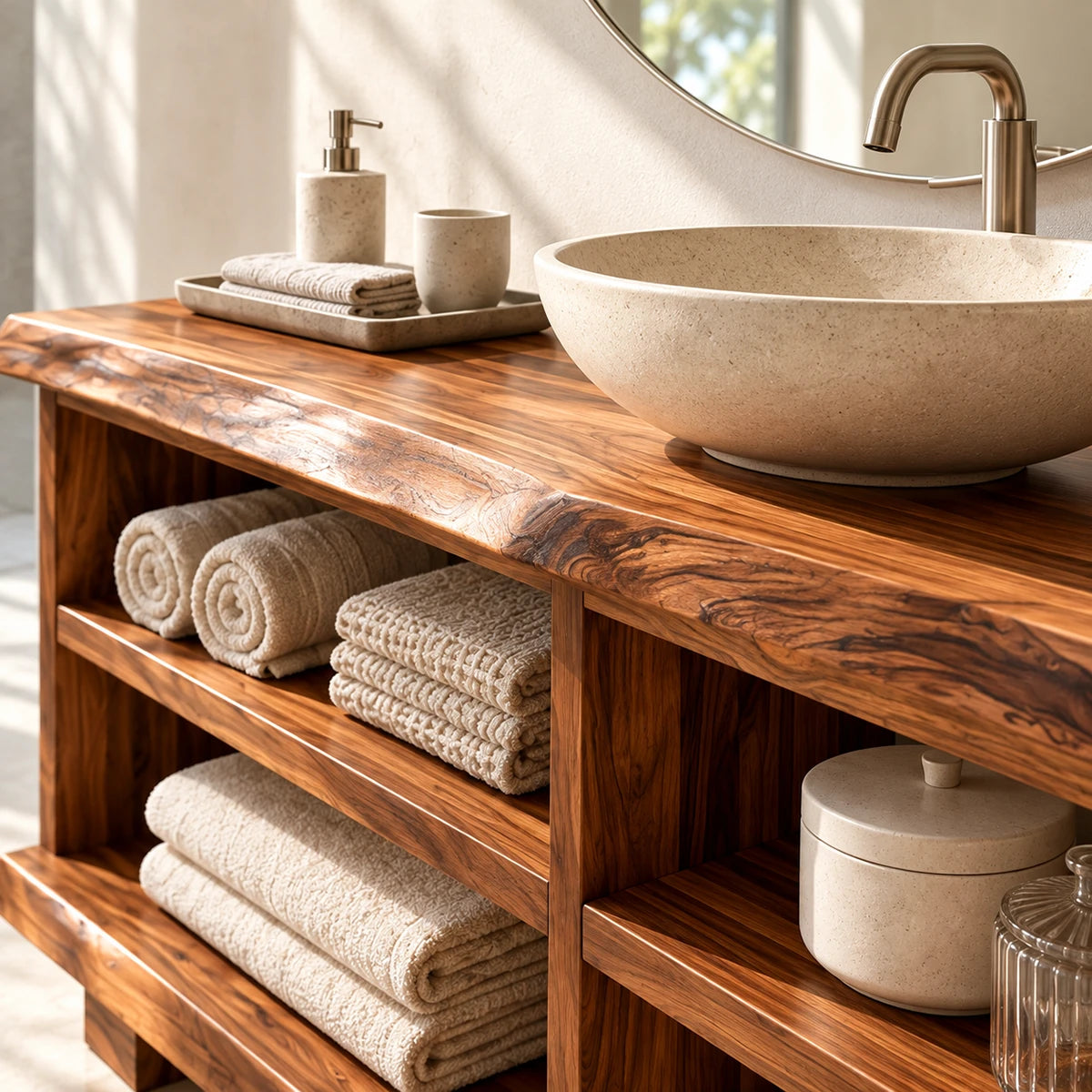 Four compartment vanity in natural solid wood with open shelving and grounded base design