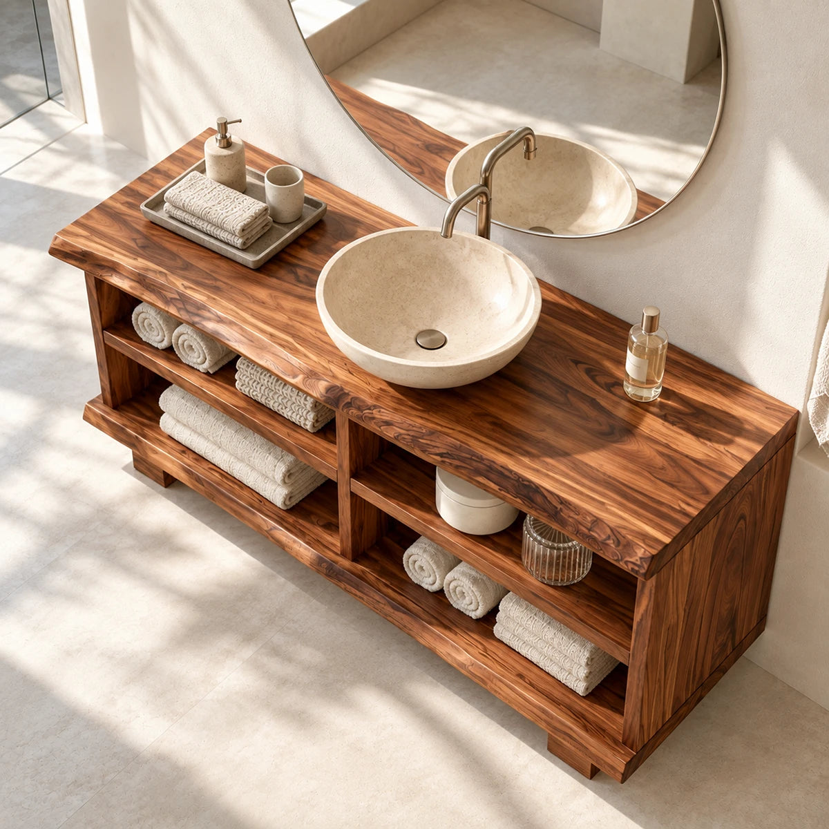 Bathroom storage furniture in natural solid wood with wide shelves for folded towel sets