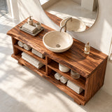 Bathroom storage furniture in natural solid wood with wide shelves for folded towel sets