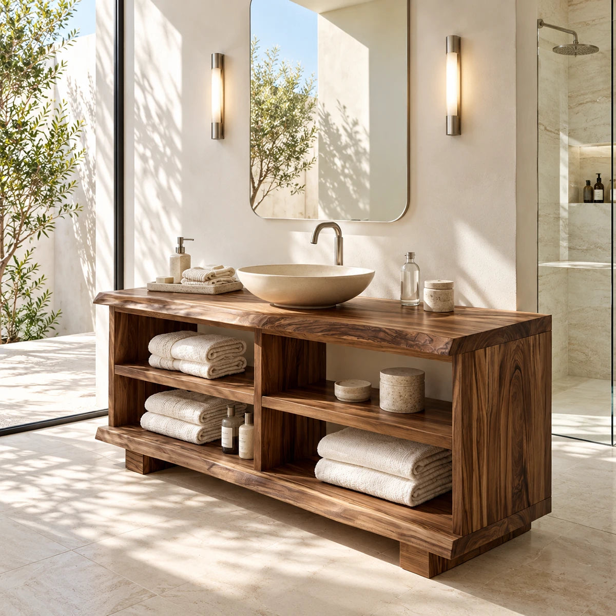 Natural solid wood bath console featuring divided shelving for linens and daily essentials