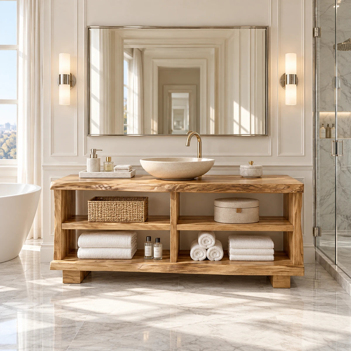 Low profile bathroom vanity in natural solid wood with symmetrical open storage sections