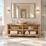 Low profile bathroom vanity in natural solid wood with symmetrical open storage sections