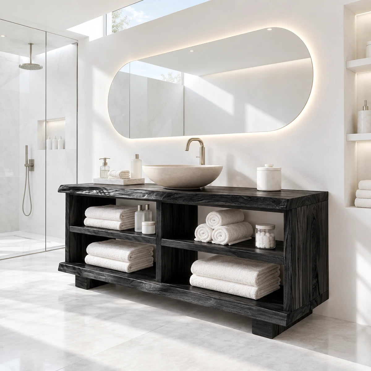 Freestanding vanity furniture in natural solid wood with double tier shelves across front