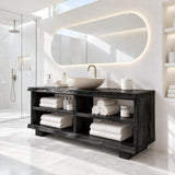 Freestanding vanity furniture in natural solid wood with double tier shelves across front