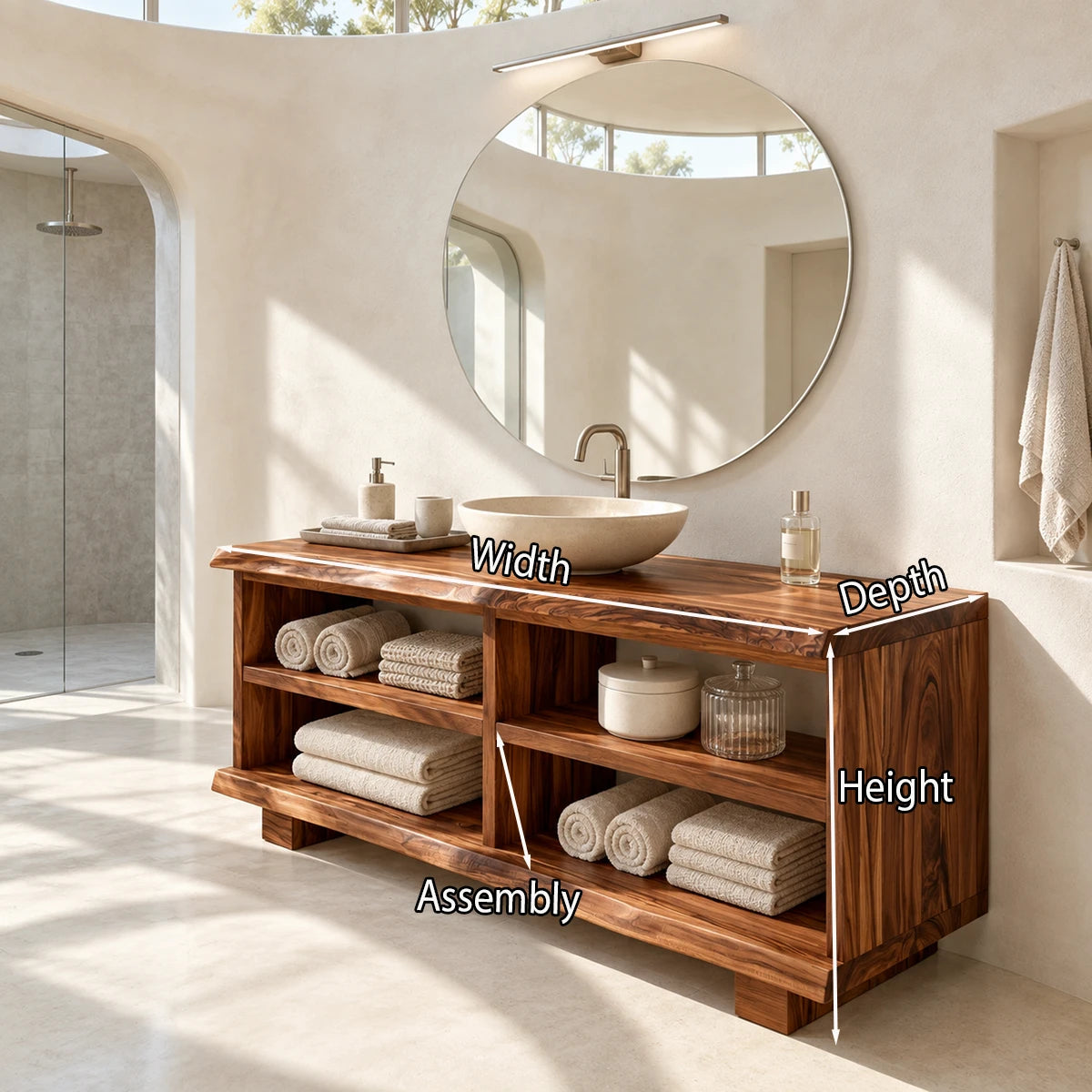 Natural solid wood bathroom vanity with four open bays for towels, jars and accessories