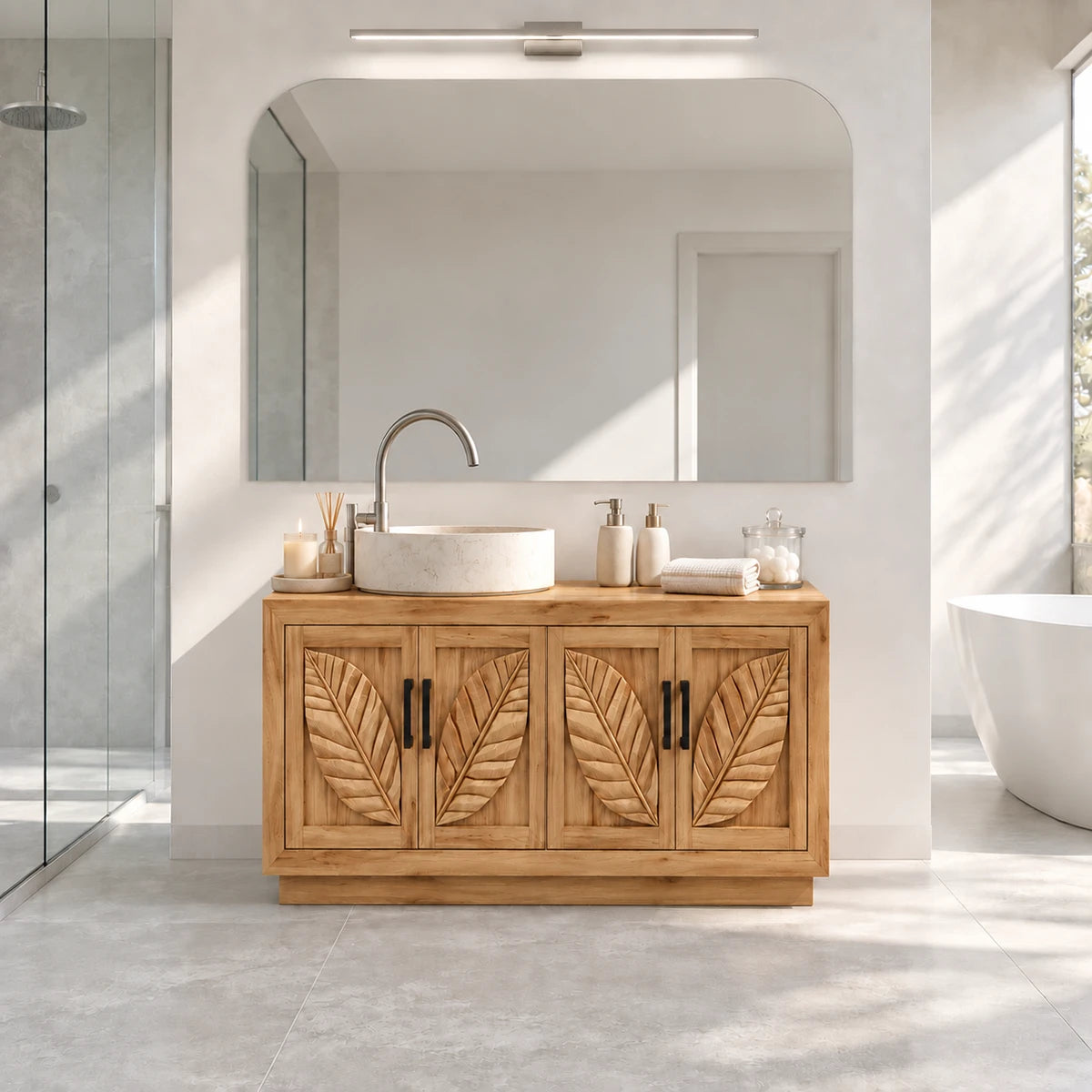 Designer bathroom vanity in natural solid wood with botanical fronts and black pulls