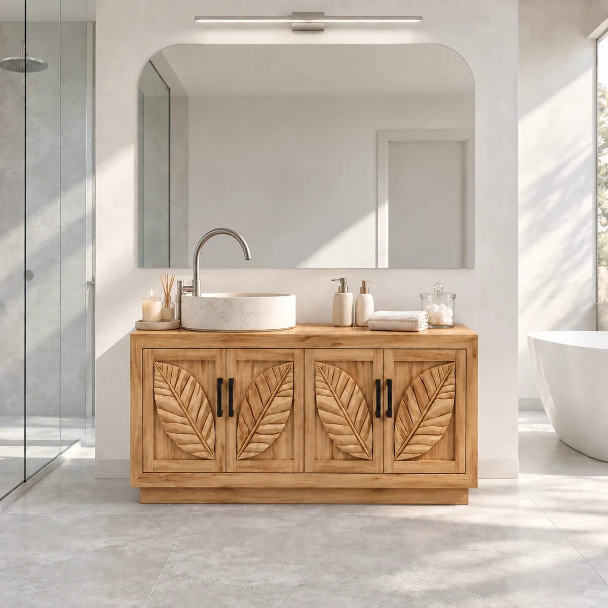 Classic sink vanity in natural solid wood with carved leaf doors and full cabinet base