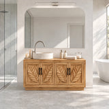 Classic sink vanity in natural solid wood with carved leaf doors and full cabinet base