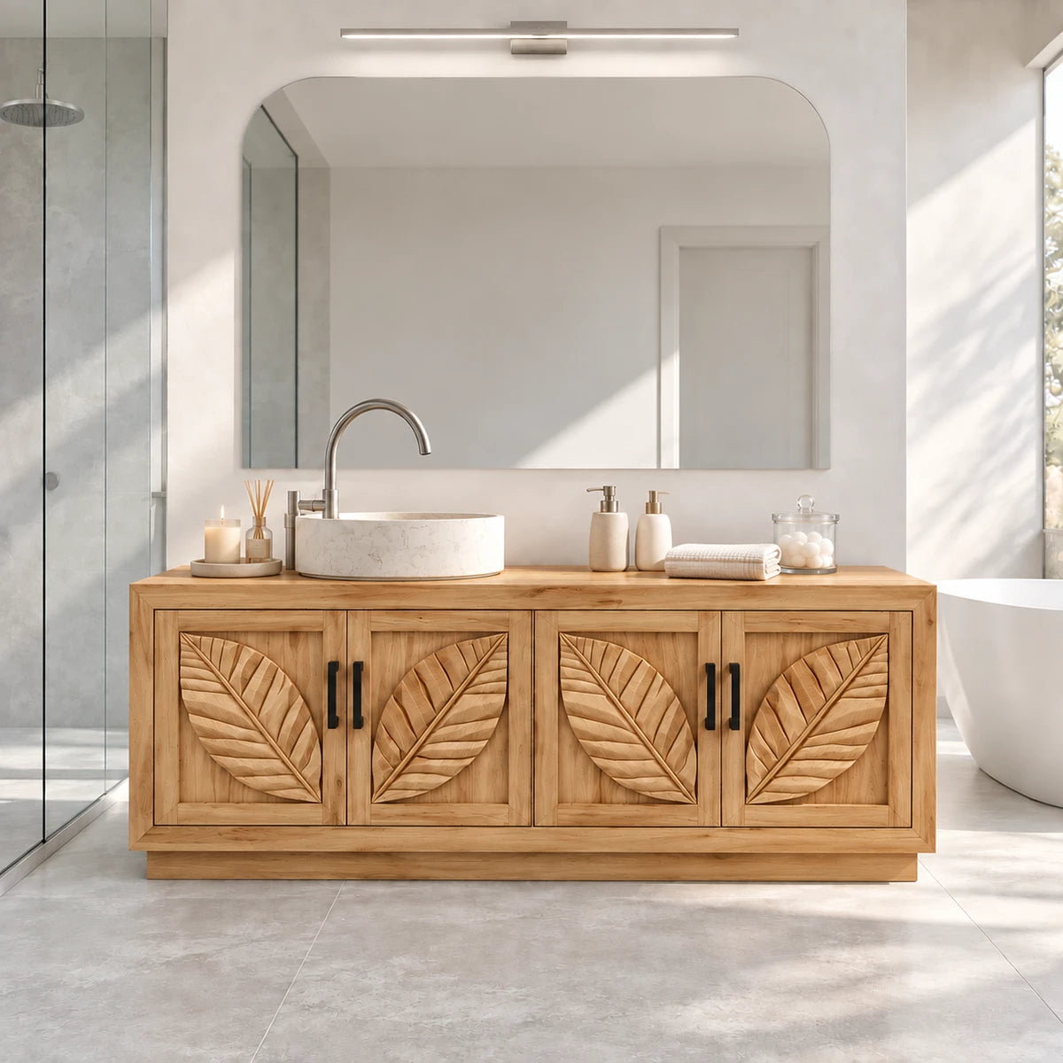 Natural solid wood bathroom vanity with four leaf panel doors and modern vessel basin