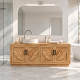 Natural solid wood bathroom vanity with four leaf panel doors and modern vessel basin