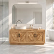Four door bathroom vanity in natural solid wood with carved leaf panels and vessel sink