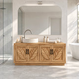 Four door bathroom vanity in natural solid wood with carved leaf panels and vessel sink