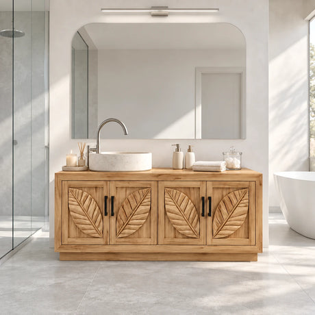 Four door bathroom vanity in natural solid wood with carved leaf panels and vessel sink