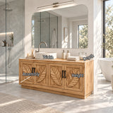 Storage focused bath vanity in natural solid wood with four doors and leaf detailing