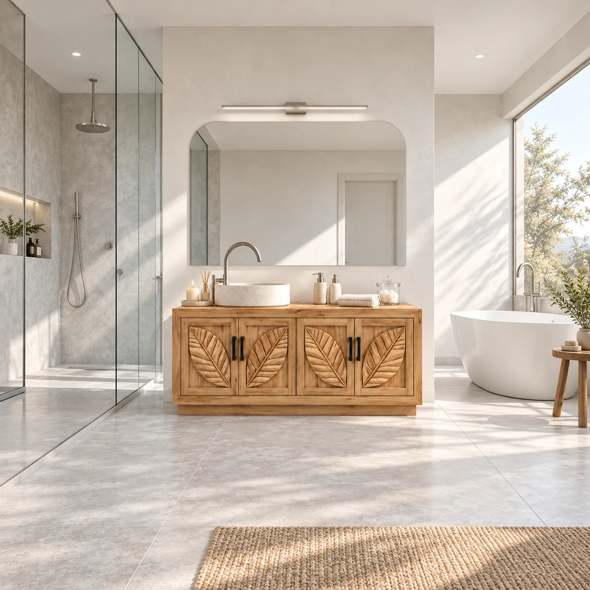 Botanical bath vanity in natural solid wood with four cabinet doors and round basin