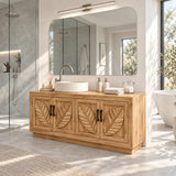 Freestanding bathroom vanity in natural solid wood with leaf doors and closed storage