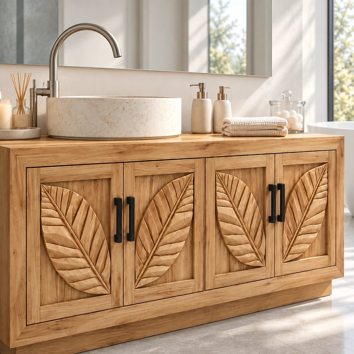 Single sink vanity cabinet in natural solid wood with carved fronts and black handles