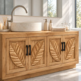 Single sink vanity cabinet in natural solid wood with carved fronts and black handles