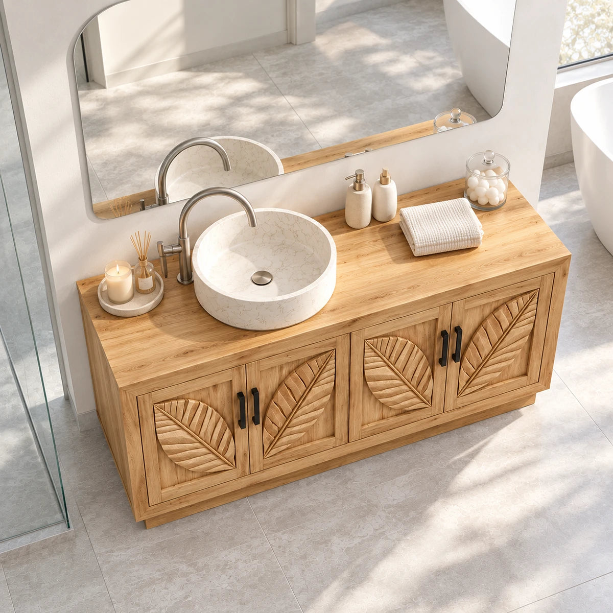 Nature inspired bathroom vanity in natural solid wood with four doors and vessel basin