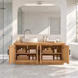Traditional bath vanity in natural solid wood with botanical panels and enclosed storage