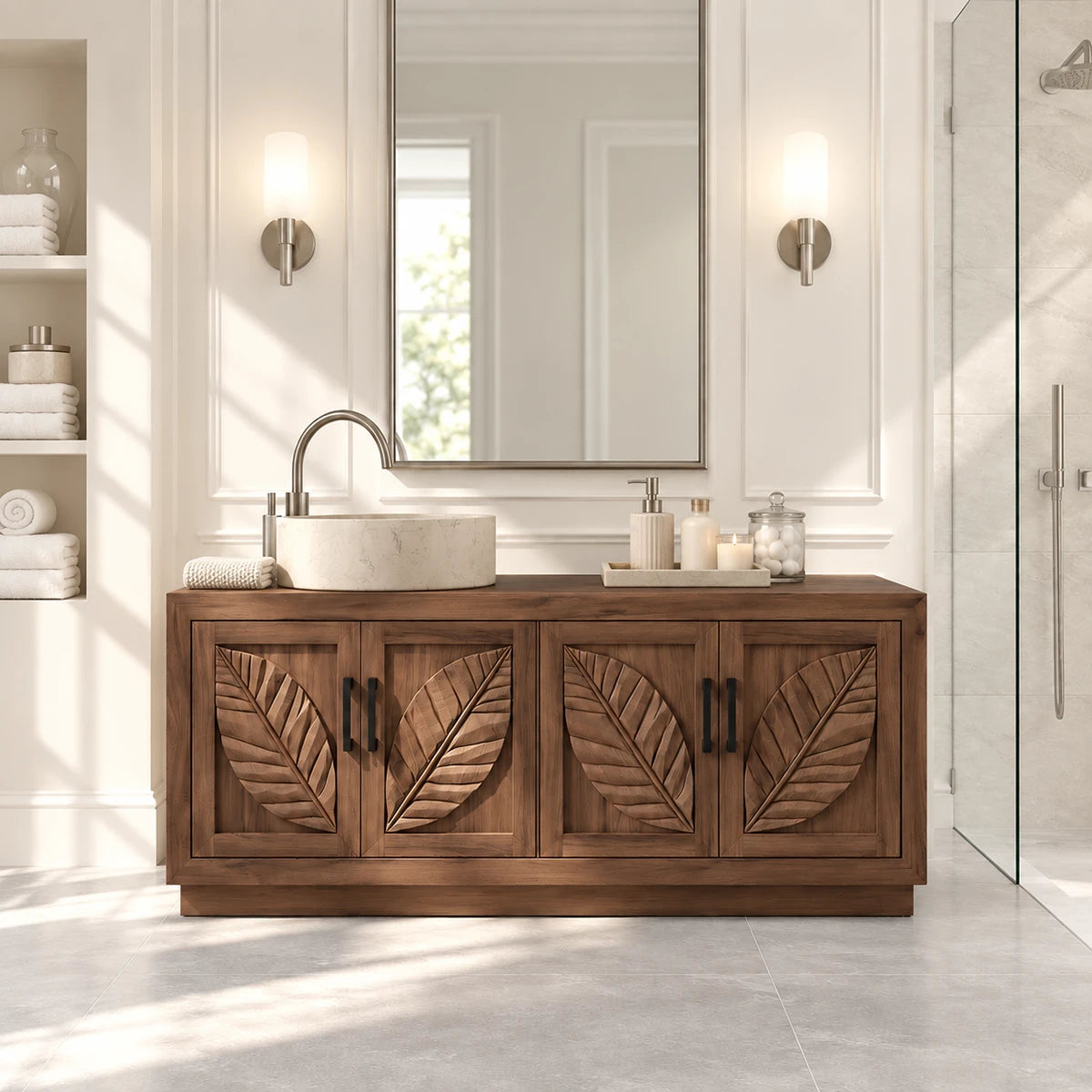 Carved leaf bathroom vanity in natural solid wood with four doors and countertop basin