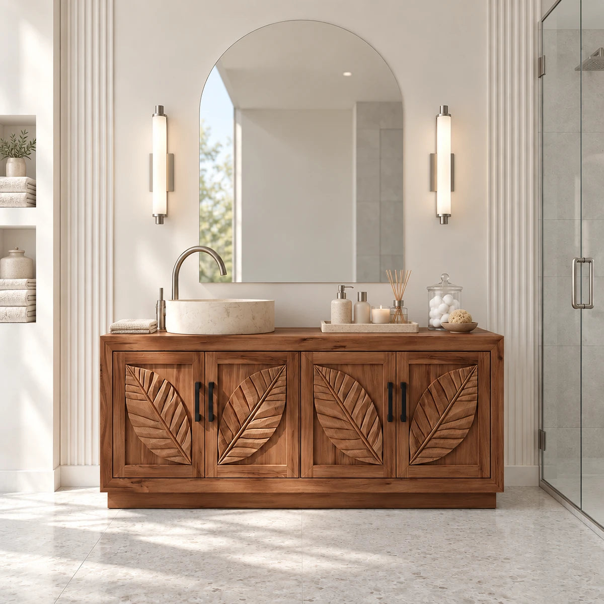 Statement vanity cabinet in natural solid wood with leaf motif doors and vessel sink