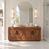 Statement vanity cabinet in natural solid wood with leaf motif doors and vessel sink