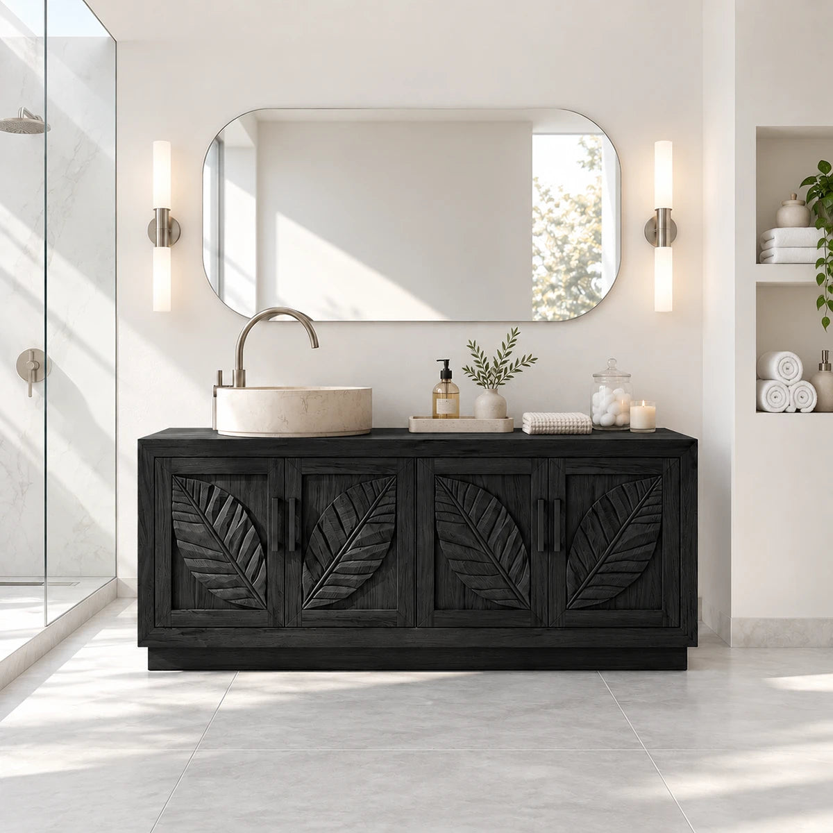 Decorative bathroom vanity in natural solid wood with carved doors and single basin